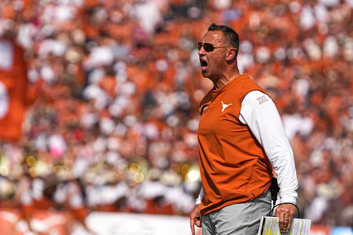 Dallas, Texas, USA: Texas Longhorns head coach Steve Sarkisian yells during the annual Red River Showdown against the Oklahoma Sooners at the Cotton Bowl.